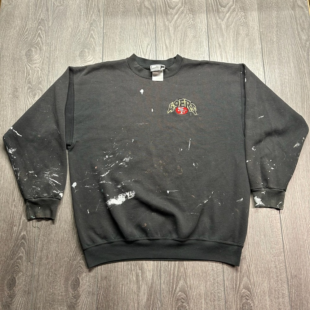Vintage Puma San Francisco 49ers Sweatshirt XL Black Paint Splatter Distressed